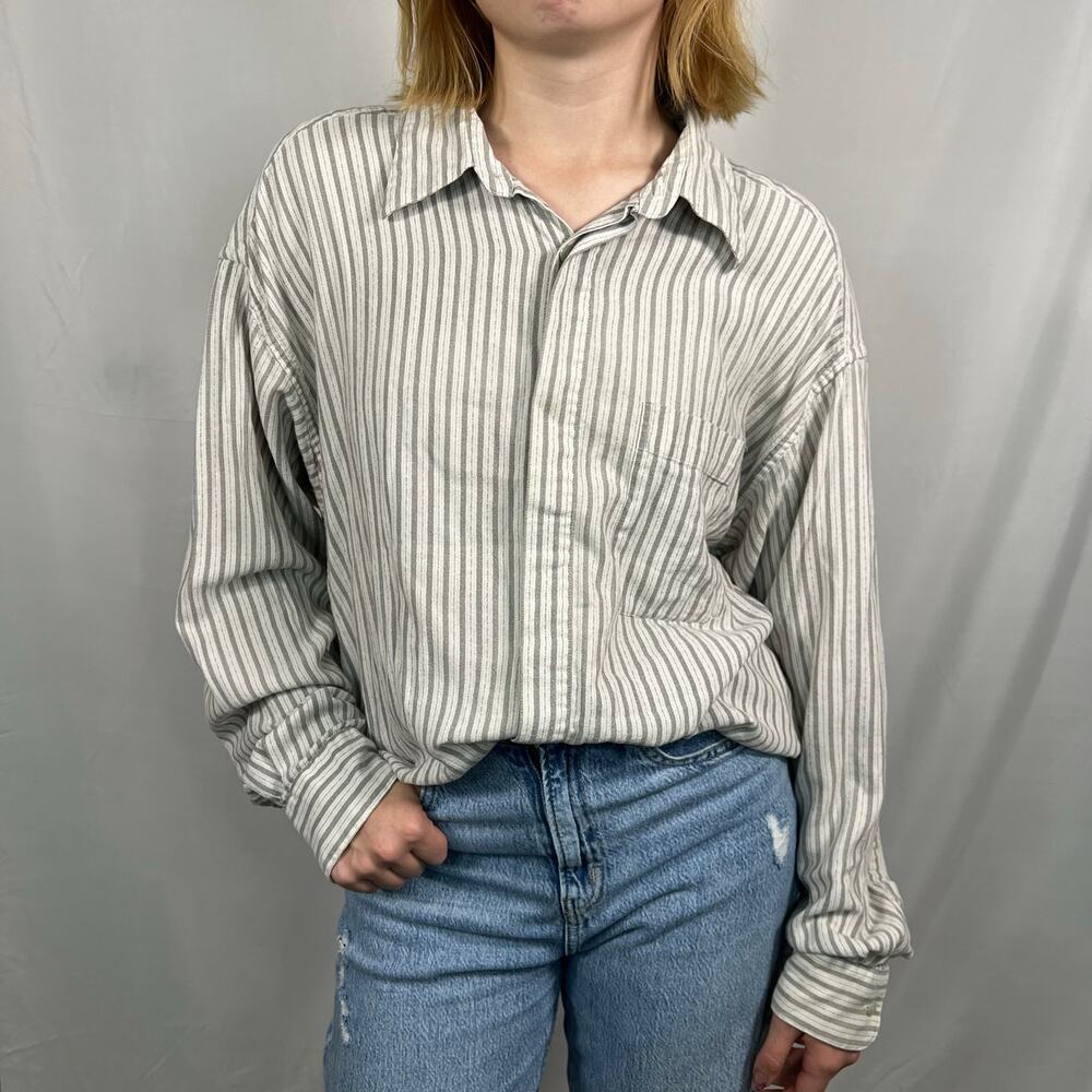 Vintage Men's Ron Chereskin Cotton and Rayon Striped Button-Up Shirt Size XL